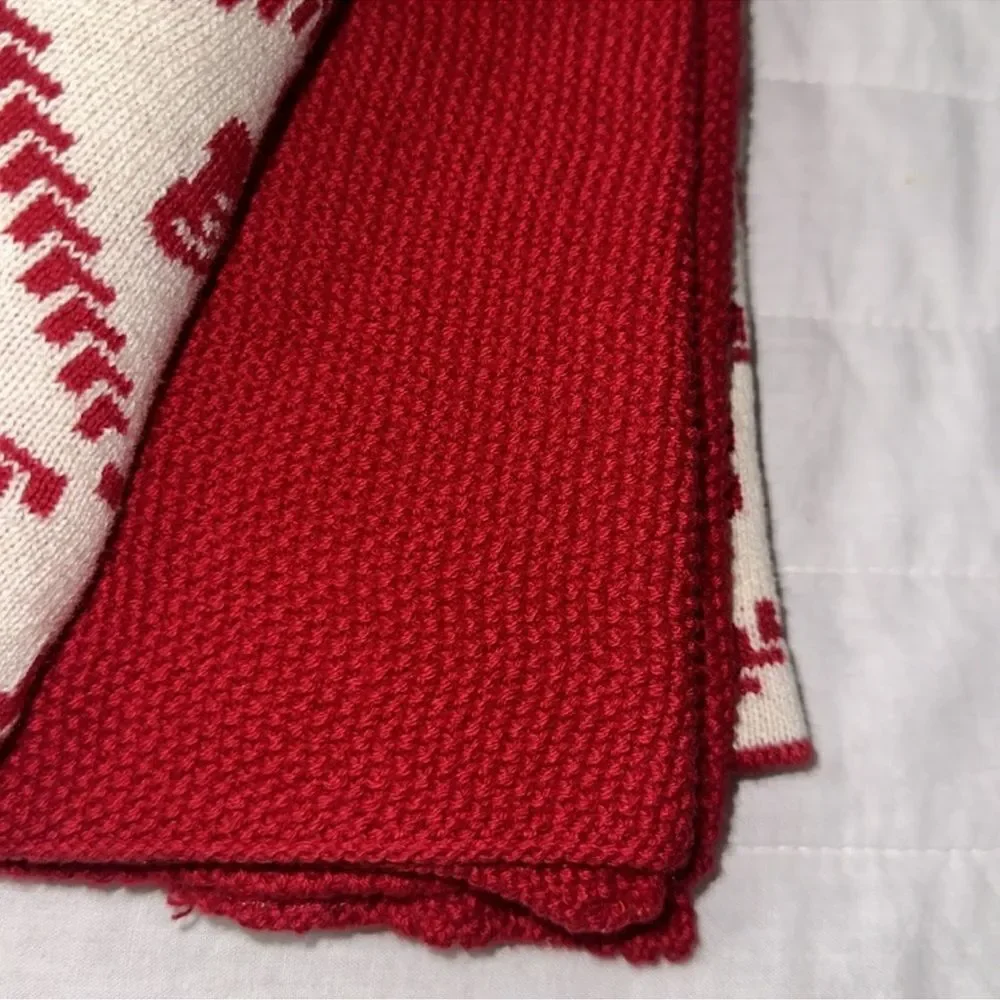 cupcakes & cashmere 3 Tea Towels Ivory Tan Red Christmas Bow Tie Cotton Knit